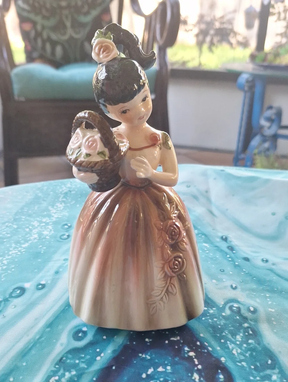 Enesco Vintage Porcelain Figurine Girl with Basket of Roses Vase - Brown & Cream